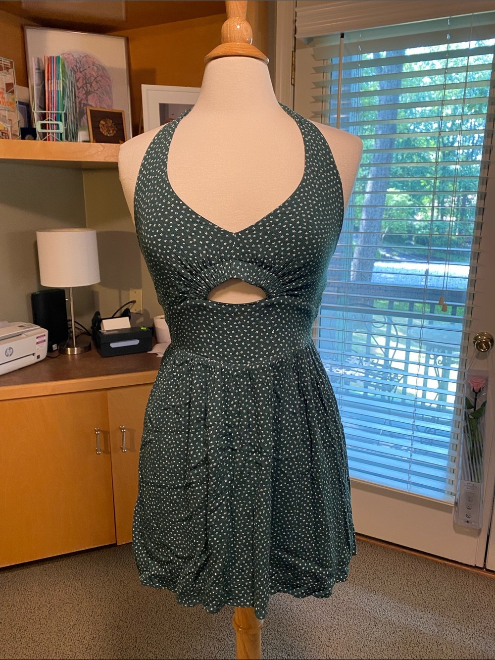 Kendall & Kylie Dark Green Floral Halter Cutout Mini Dress